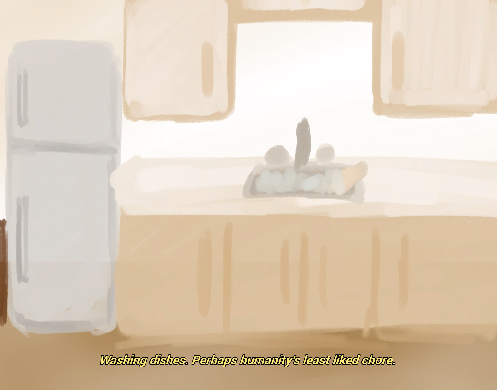 Part of the opening cutscene, the kitchen