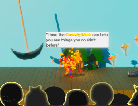 A screenshot showcasing the Comedy mask confetti effect and a Comedy performer