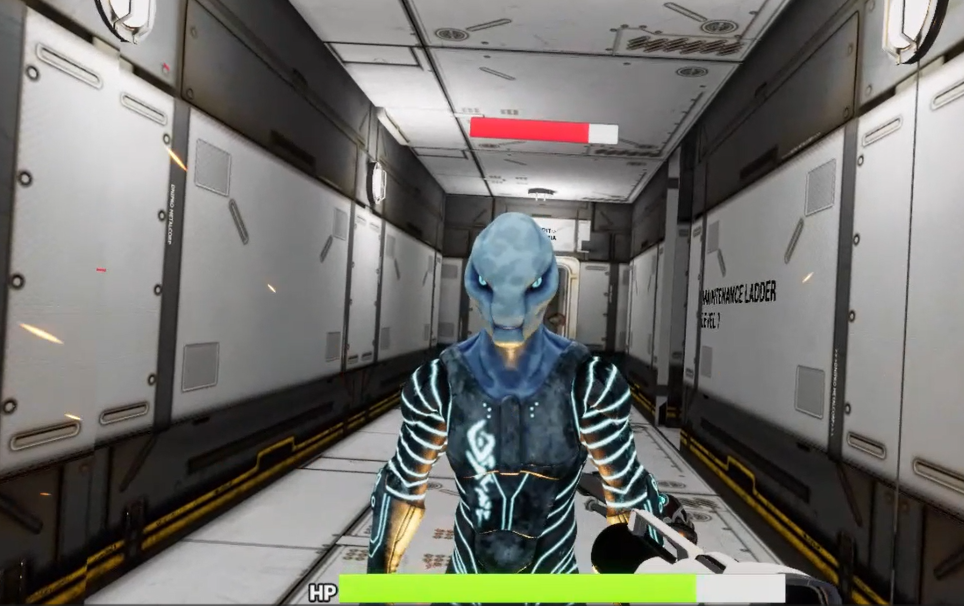 A preview of a virtual reality sci-fi game, the player throws a Mjolnir-like hammer at a blue alien that ragdolls away