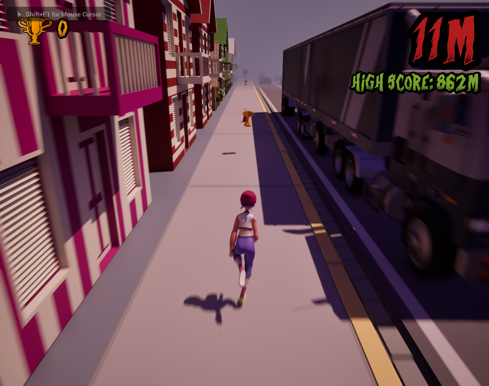 The player running on the sidewalk as a truck passes