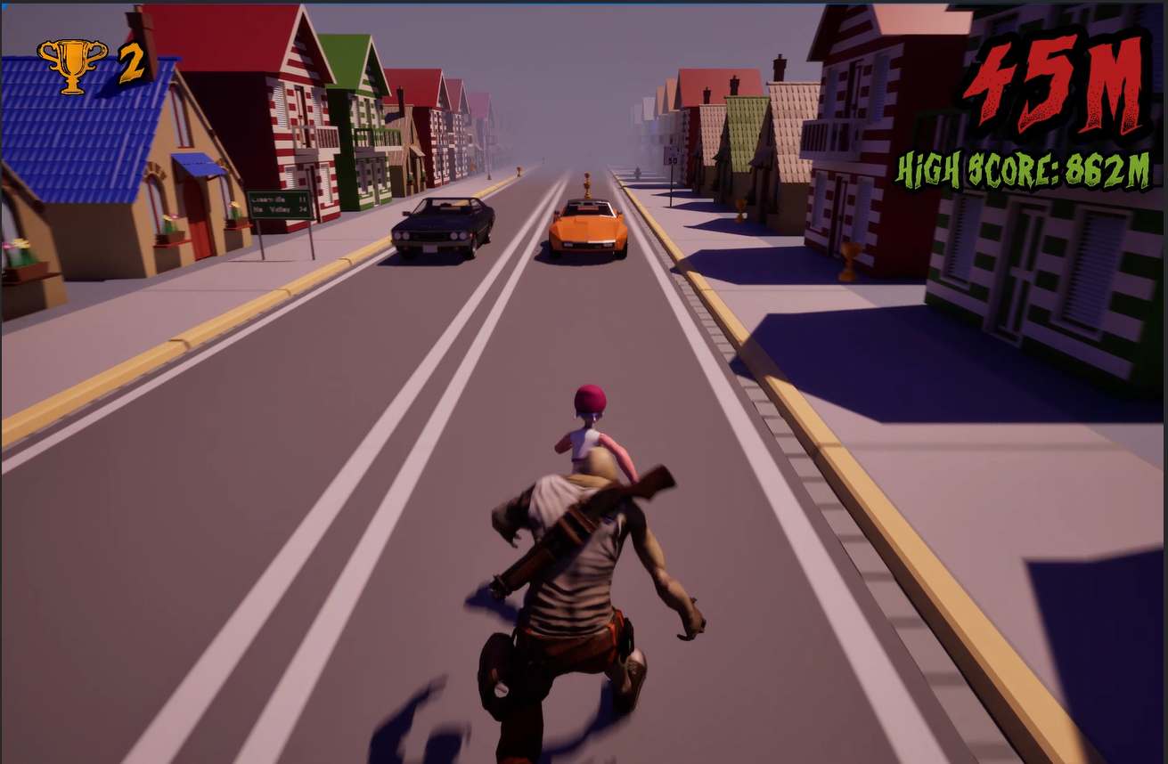 A preview of a third person 3D endless runner game. The player character jumps over cars and collects trophies while being pursued by a zombie.