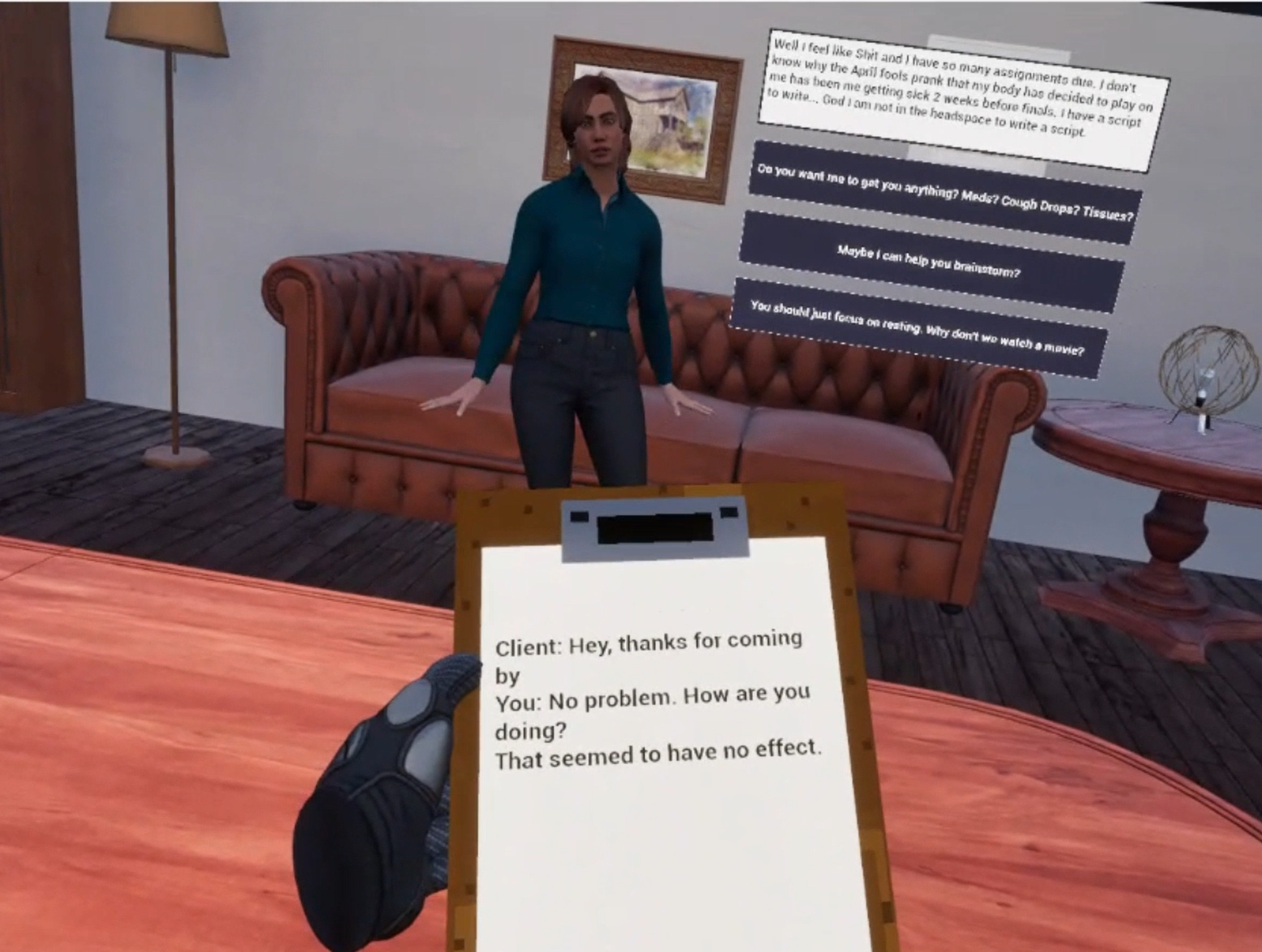 The clipboard displaying the last few dialogue options and the Client character standing next to the dialogue UI.