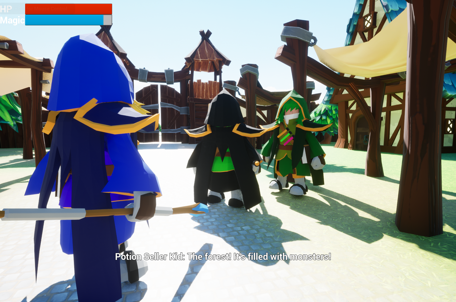 Wiz and Arda speak to the Potion Seller Kid in an empty town market.