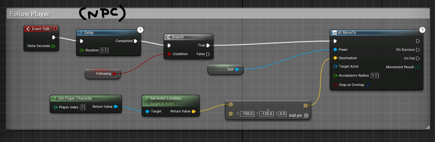 A snippet of blueprint code for an npc that follows the player