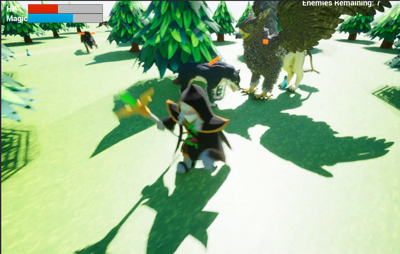 A preview of a third person 3D wizard rpg, the player wizard character shoots a fireball from their staff at an attacking wolf